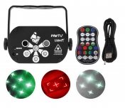 Mini Gobo laser 6 eyes, 130 mW RG laser, RGB+UV LED, USB, remote control