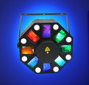 LED laser 8x 3 W white strobe, 5x 3 W RGBWY LED effect, RG laser 150 mW 8 gobo, DMX